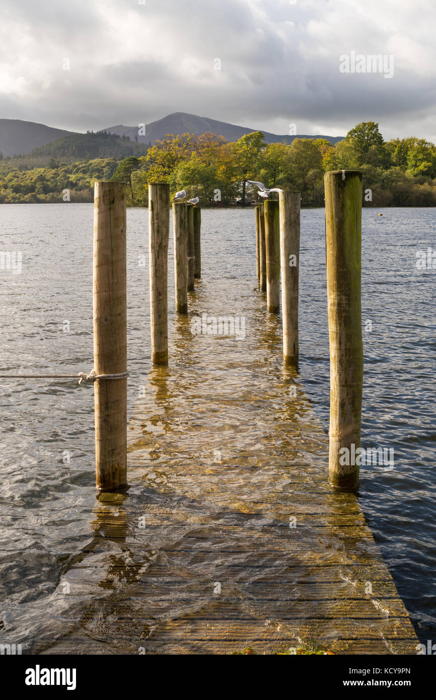 Überflutet Bootsanleger im Derwentwater in Keswick, Cumbria, England, Großbritannien Stockfoto