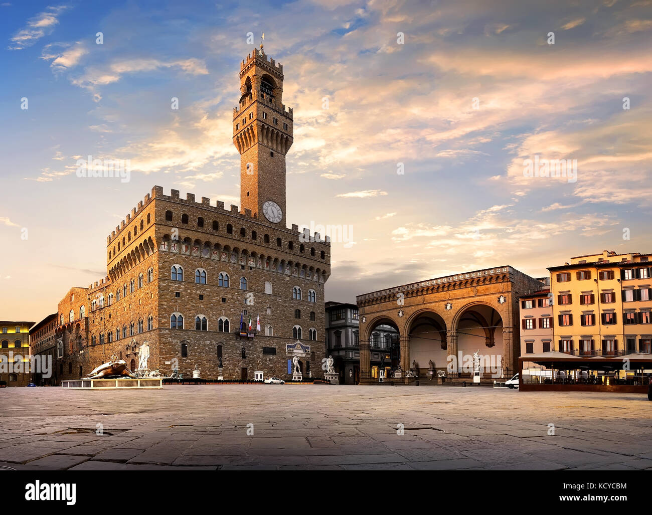 Platz Piazza della Signoria in Florenz bei Sonnenaufgang, Italien Stockfoto