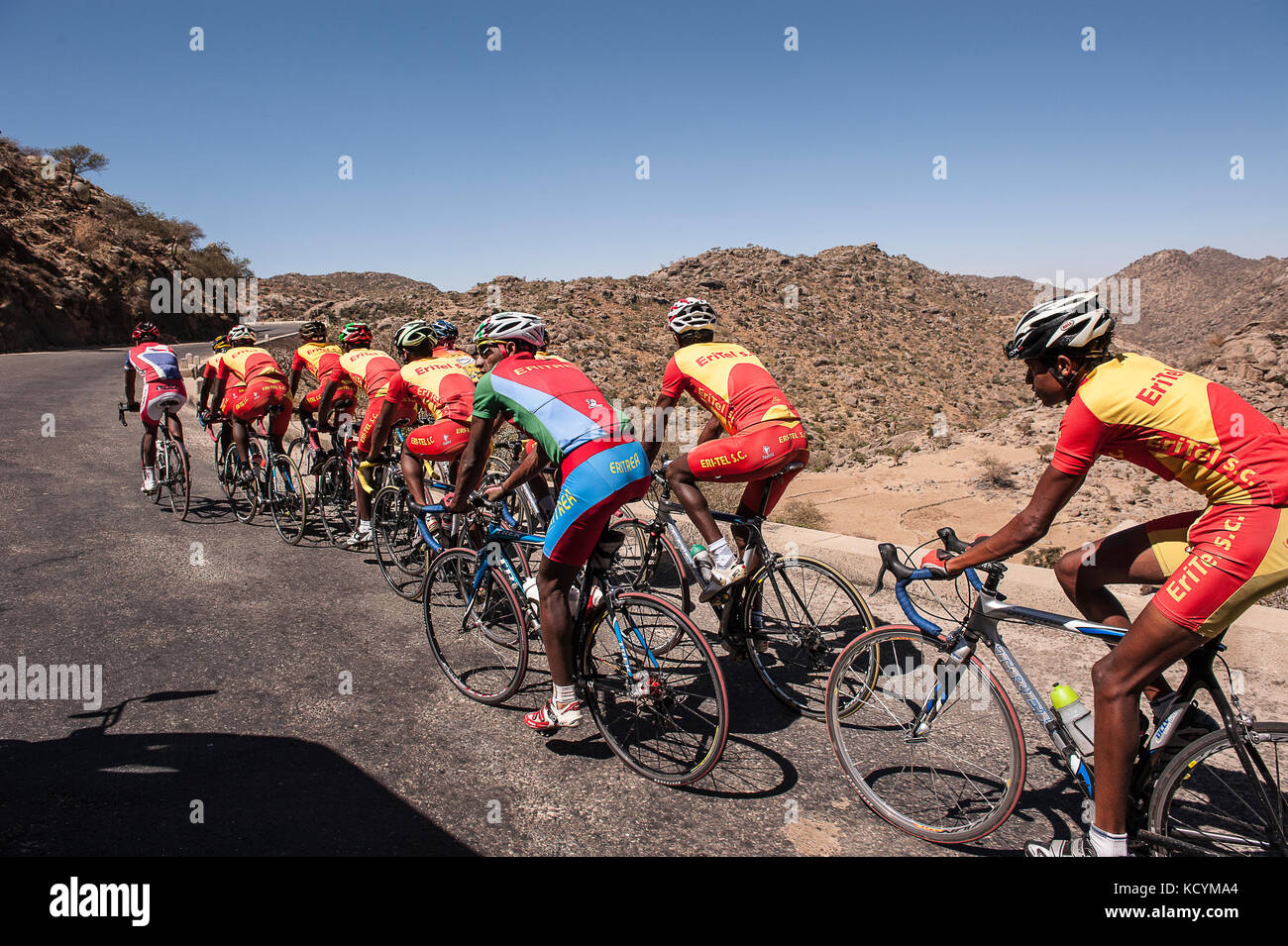 L'équpe Nationale de s'entrainant cyclisme sur les route d'Erytrée. Février 2013. Das Fahrrad national team Training auf den Straßen des Landes, Februar Stockfoto
