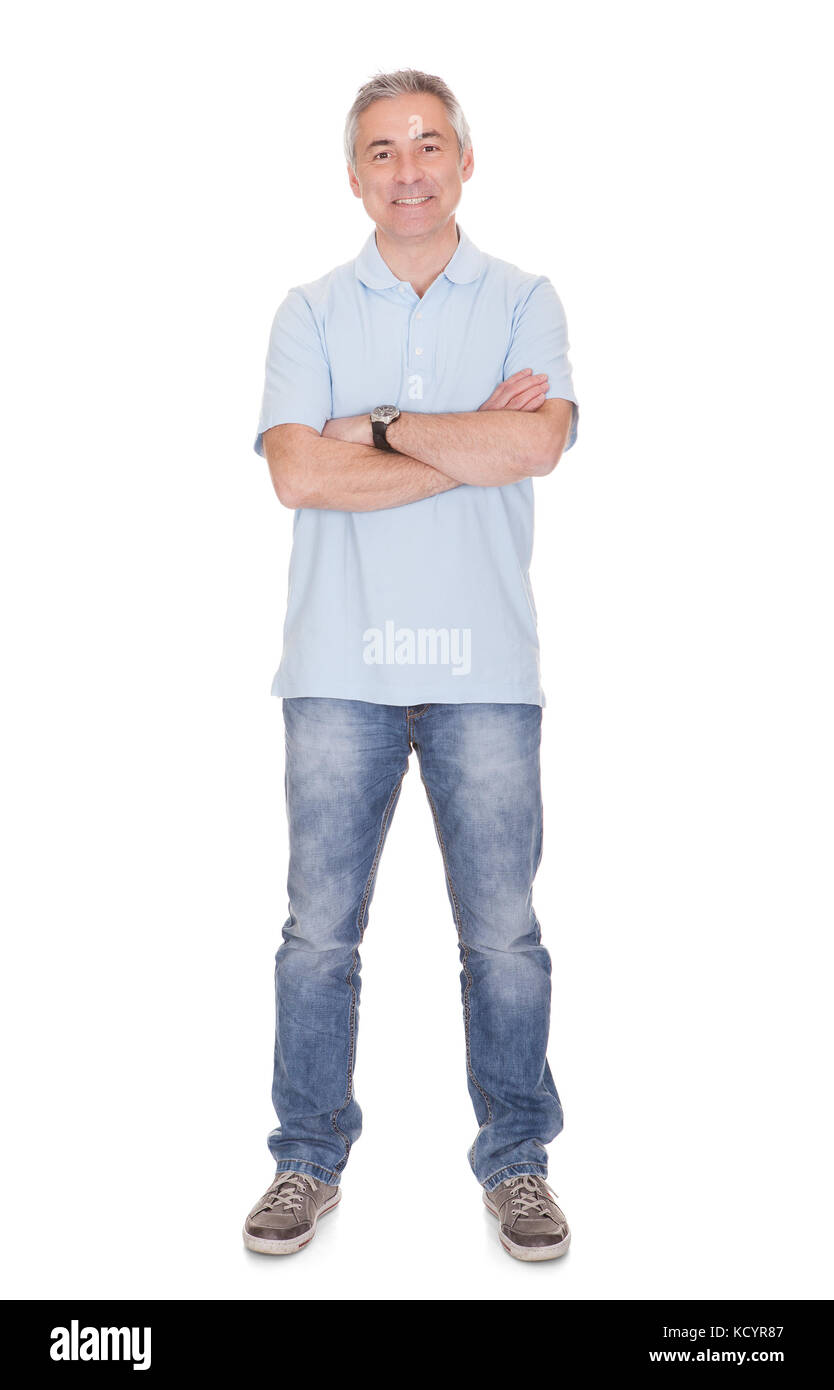 Portrait von glücklichen Menschen auf weißem Hintergrund Stockfoto