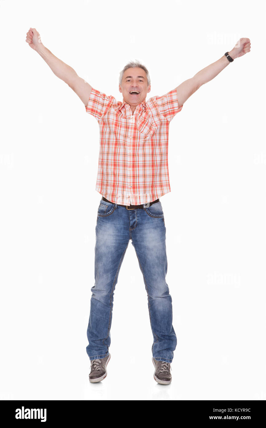 Portrait von glücklichen Menschen auf weißem Hintergrund Stockfoto