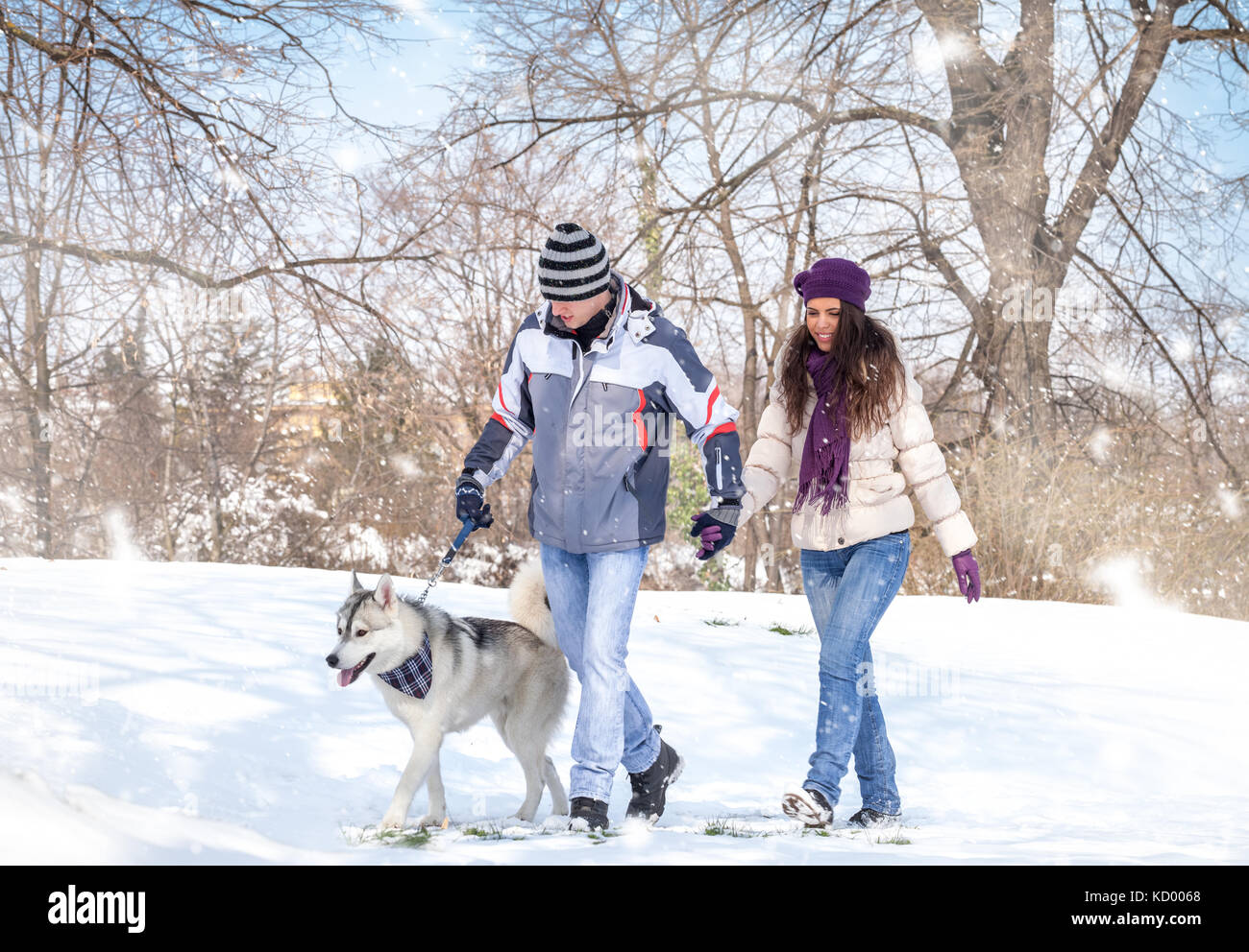 Junges Paar seinen Hund in einem Wintertag Stockfoto