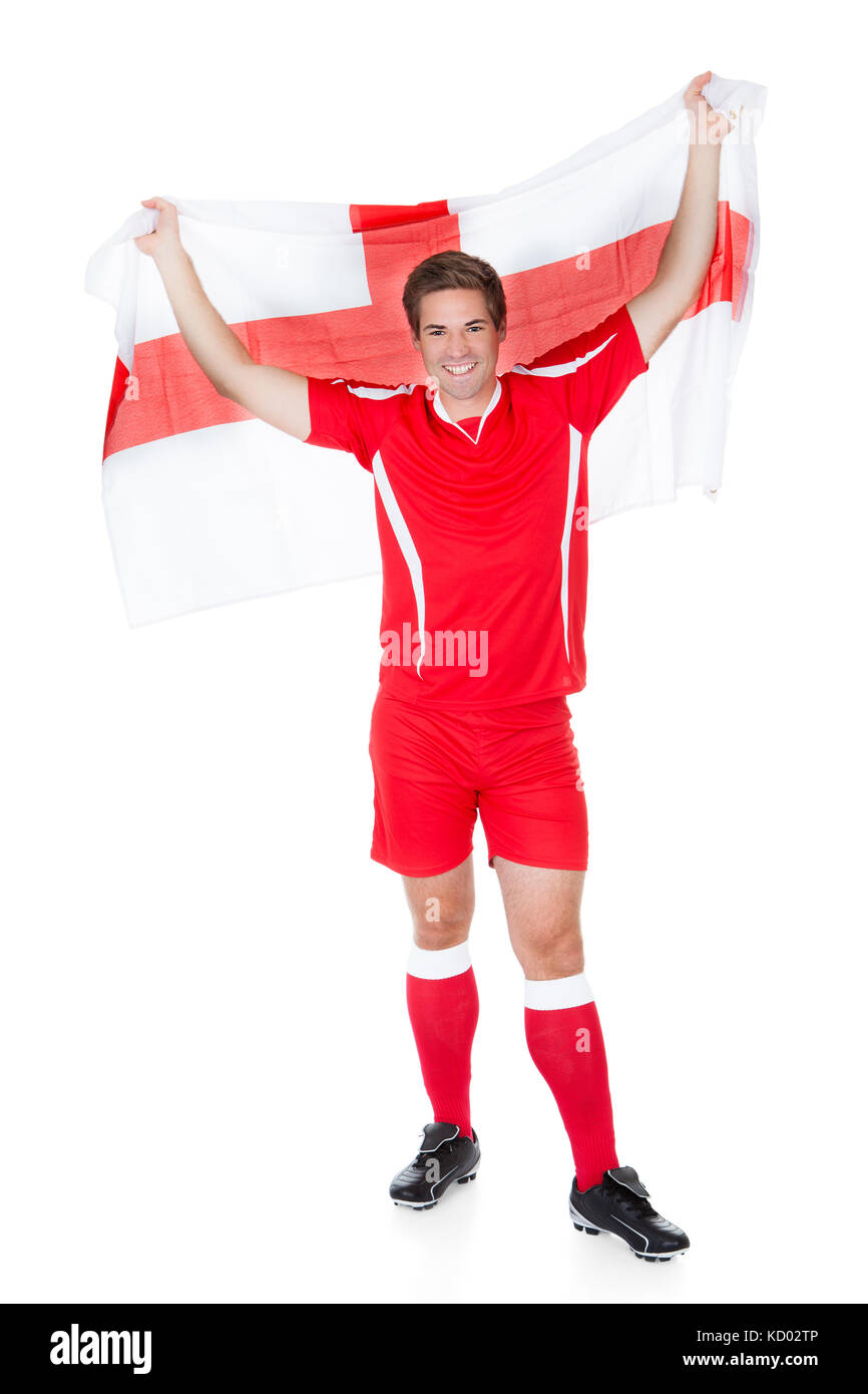 Fußballspieler mit England Flagge Over White Background Stockfoto