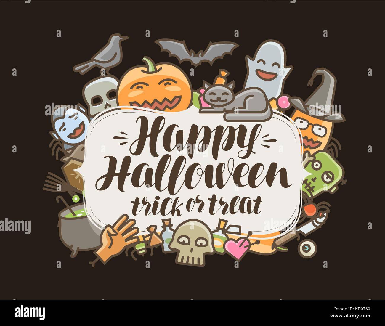Happy Halloween, Grußkarte oder Banner. Feiertagssymbol. Illustration des Zeichentrickvektors Stock Vektor