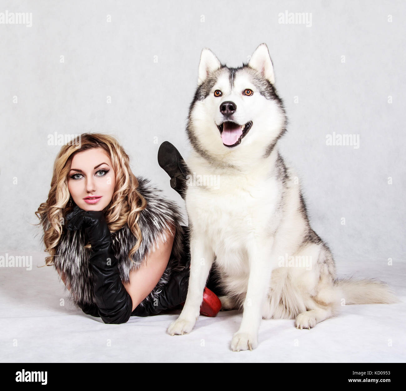 Schöne junge Frau mit einem Husky Hund über grauer Hintergrund Stockfoto