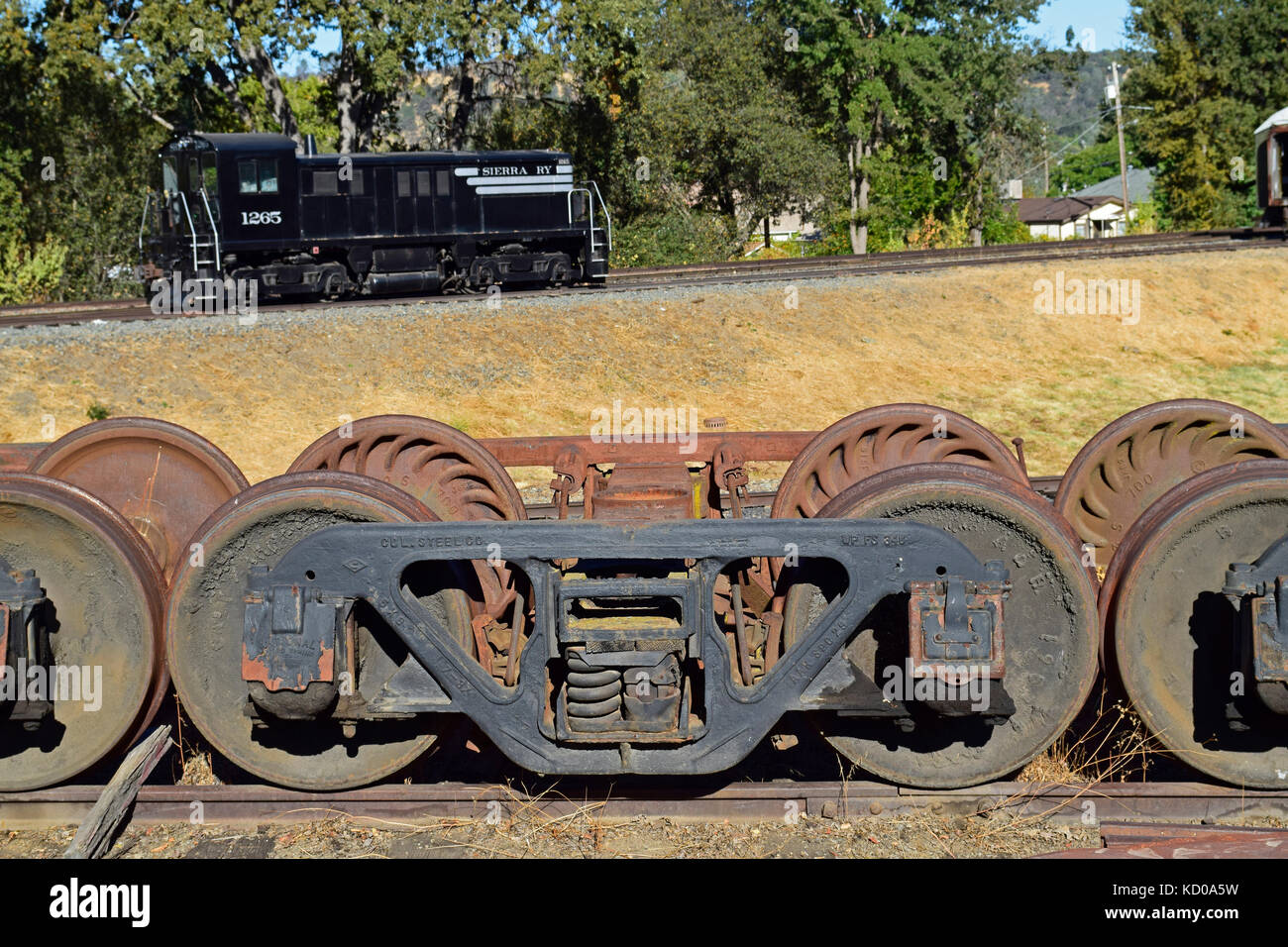 Eisenbahnräder, Railtown 1897 State Historic Park, Jamestown, Kalifornien Stockfoto