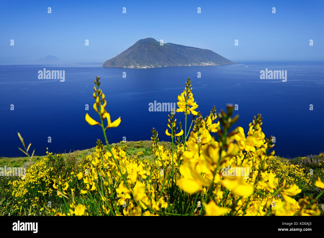Blick durch Besen Buchsen von Punta della Castagna nach Salinas, Lipari, Liparische Inseln, Italien Stockfoto