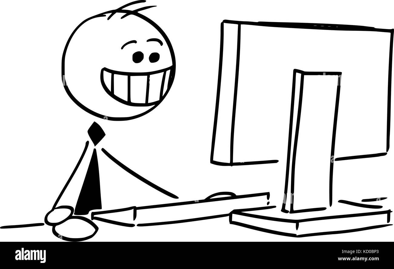 Cartoon stick Mann Abbildung: happy Geschäftsmann lächelnd an Office Desktop Computer. Stock Vektor