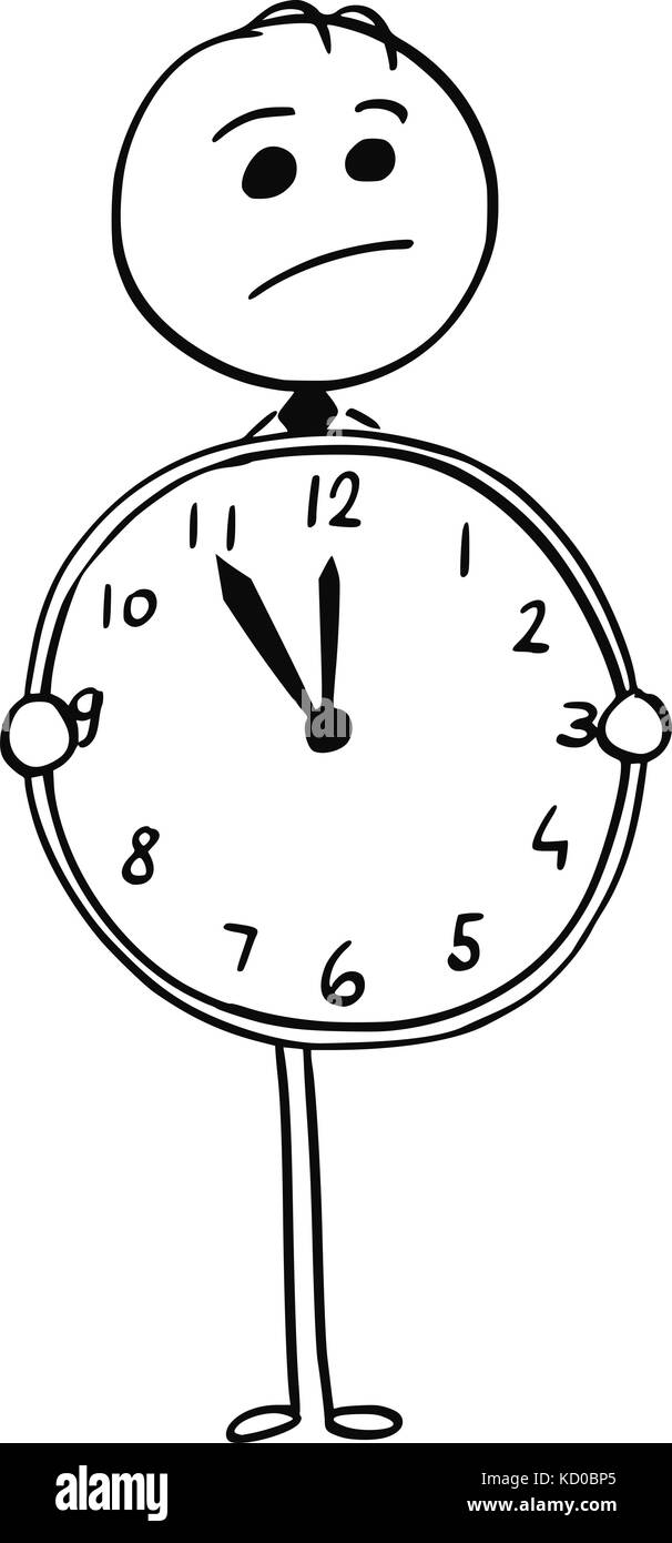 Cartoon stick Mann Abbildung: besorgt Geschäftsmann mit großen ansehen oder Wanduhr. Stock Vektor