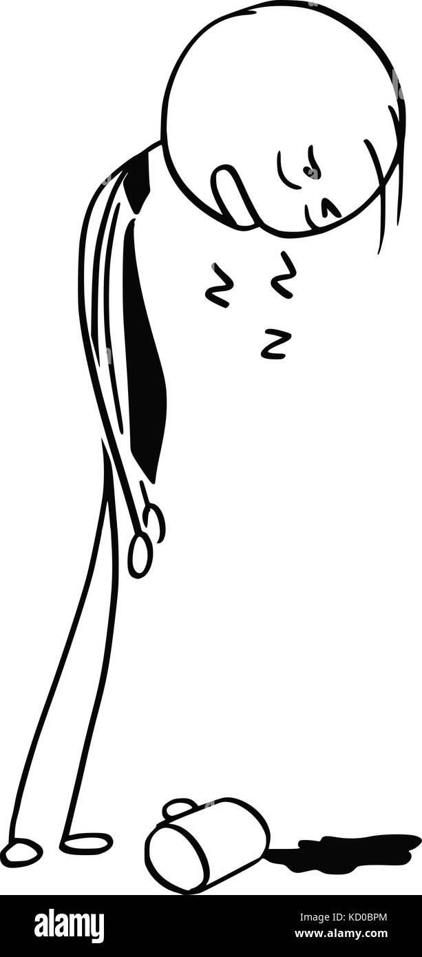 Cartoon stick Mann Abbildung: müde Geschäftsmann schlafen stehend gehen mit Becher Kaffee auf den Boden verschüttet. Stock Vektor