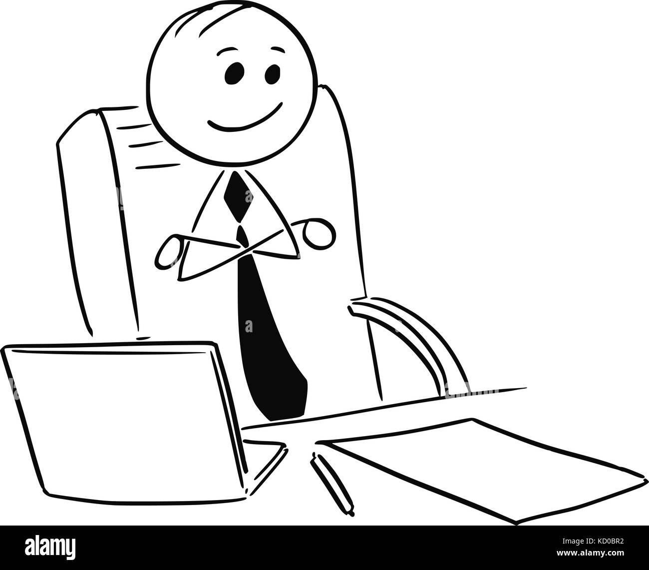Cartoon stick Mann Abbildung: zufrieden zufrieden zufrieden Geschäftsmann oder Chef oder Manager im Büro mit verschränkten Armen. Stock Vektor