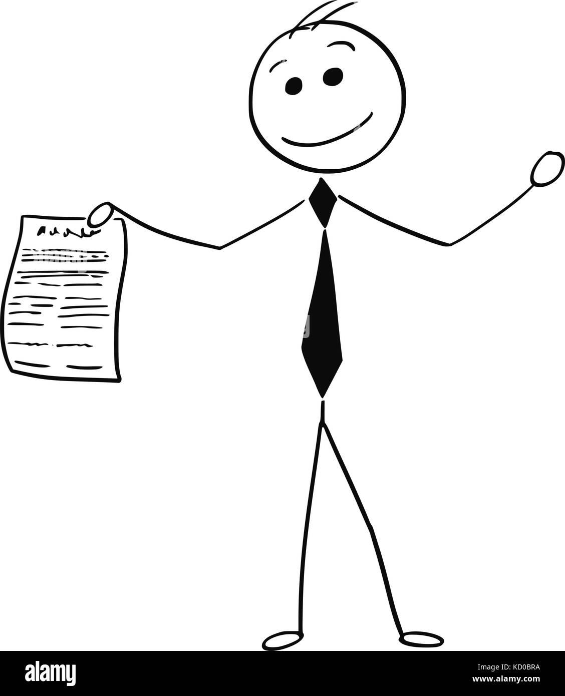 Cartoon stick Mann Abbildung von lächelnden Geschäftsmann holding Stück Papier oder auf Vereinbarung. Stock Vektor