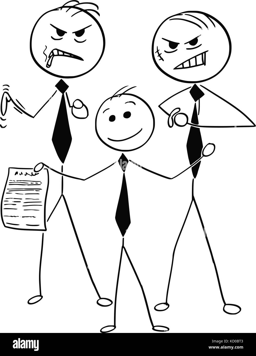 Cartoon stick Mann Abbildung des warmen Lächeln, Geschäftsmann mit zwei gefährlichen Assistenten mit verdächtigen Unfair Contract Agreement. Stock Vektor