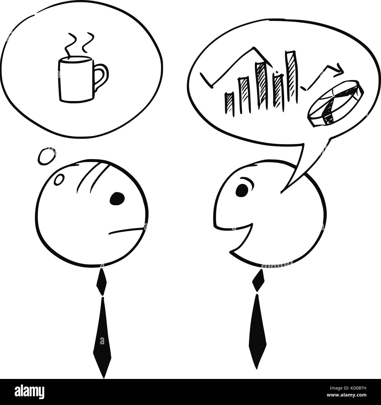 Cartoon stick Mann Abbildung von zwei Geschäftsmann, ein Gespräch über Tabelle und Diagramm, zweite Denken über Kaffeepause. Stock Vektor