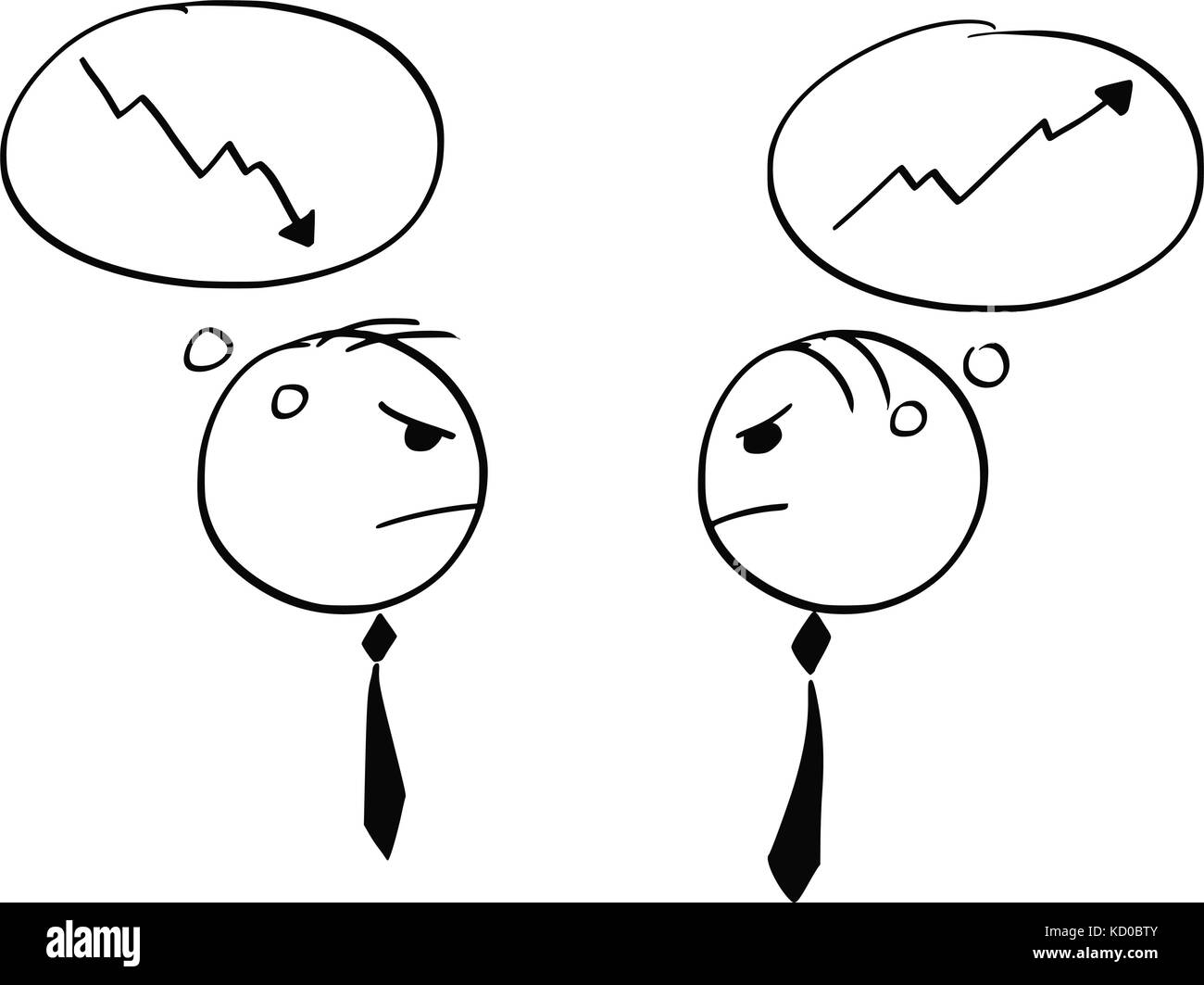 Cartoon stick Mann Abbildung von zwei Geschäftsmann über Wirtschaft Wachstum und Einbruch streiten. Stock Vektor