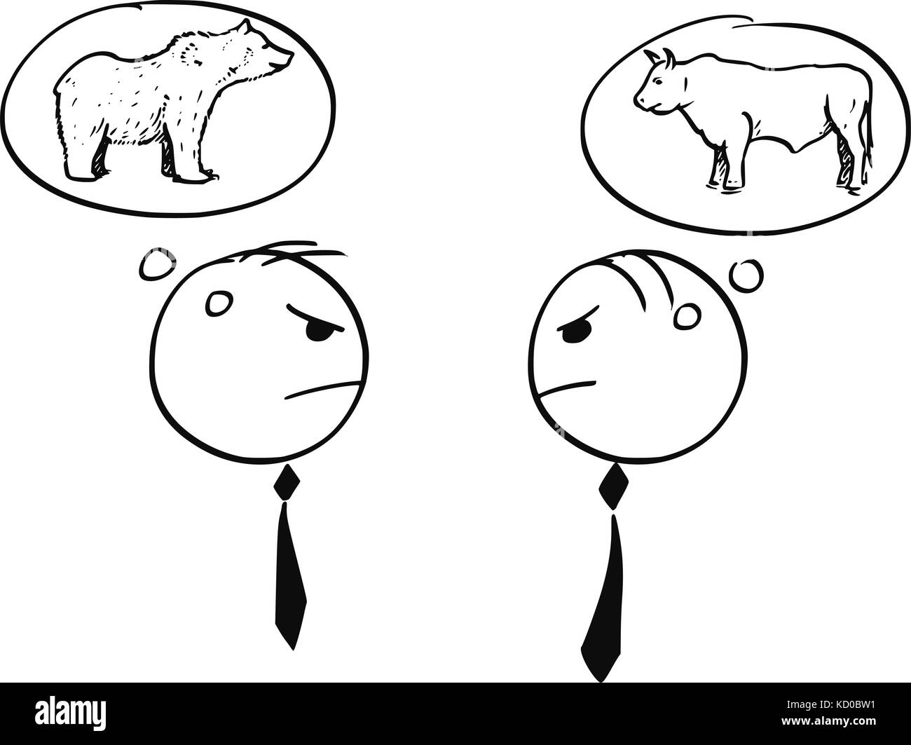 Cartoon stick Mann Abbildung von zwei Geschäftsmann über Bull und rückläufigen Markt streiten. Stock Vektor
