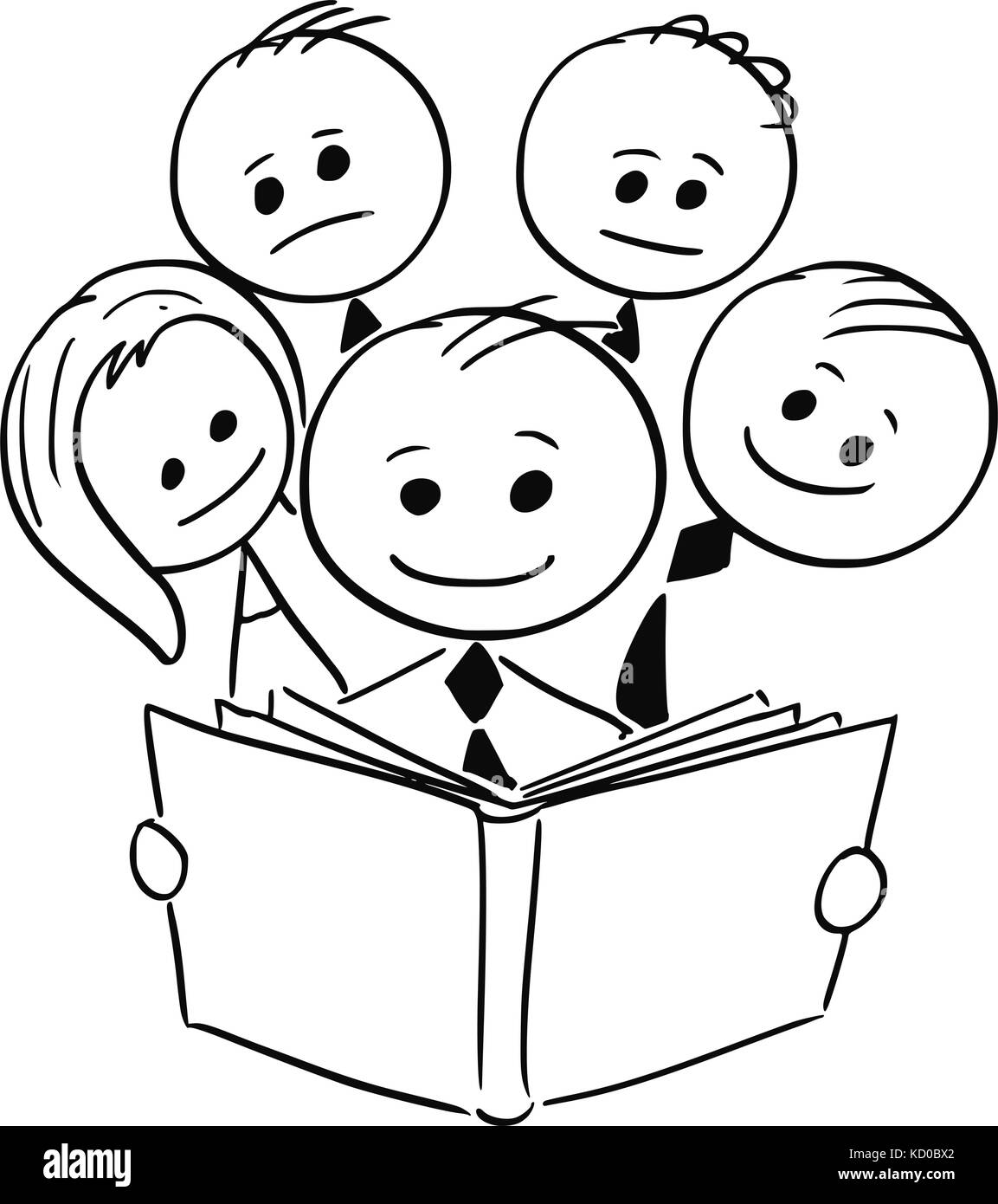 Cartoon stick Mann Abbildung von lächelnden Geschäftsmann lesen Buch und vier andere Geschäft Leute hinter ihm. Stock Vektor