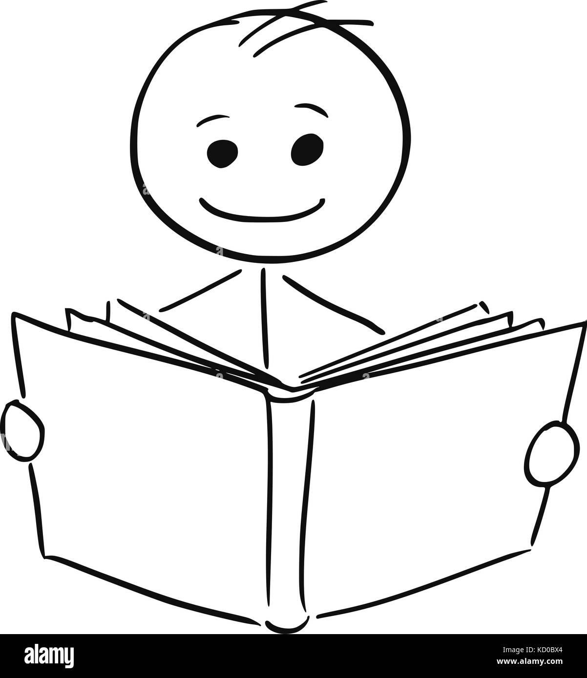 Cartoon stick Mann Abbildung: lächelnde Junge oder Mann ein Buch zu lesen. Stock Vektor