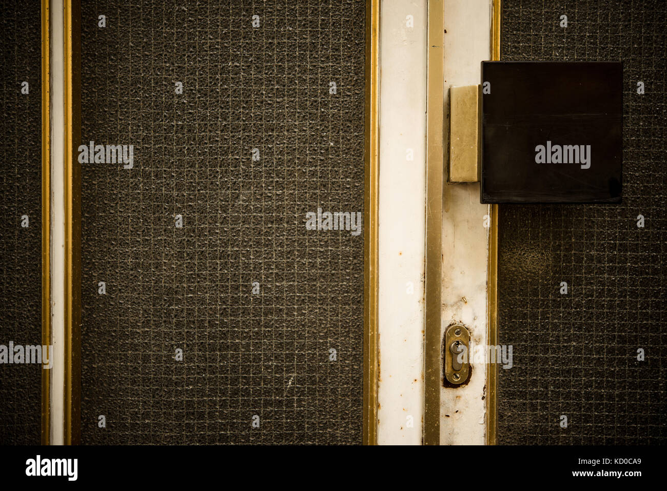 Alte Tür mit Griff und Sicherheitsglas. Stockfoto