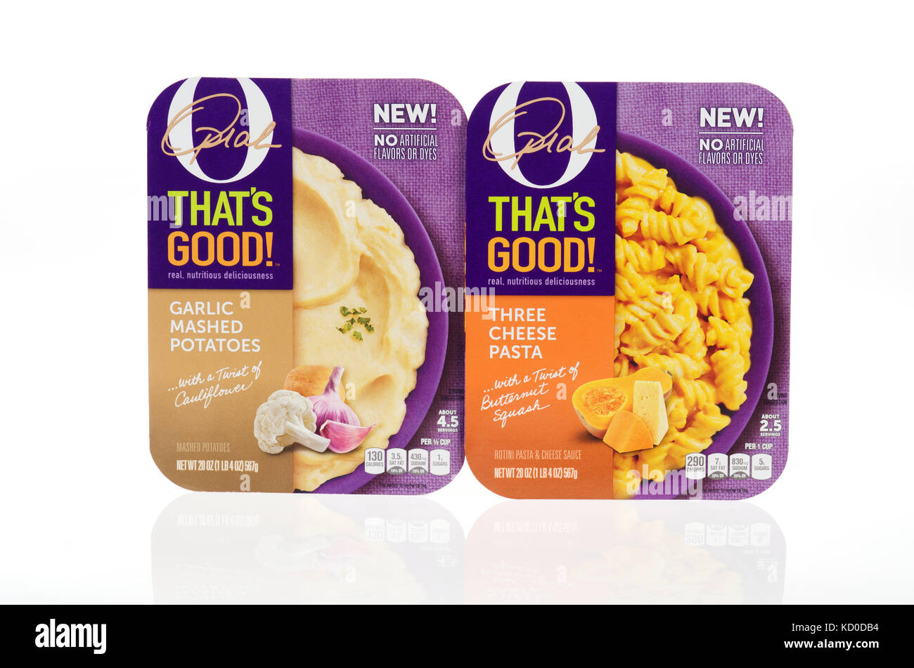 Oprah Winfreys O DAS IST GUT gekühlten Mahlzeiten mit Knoblauch, Kartoffelpüree und drei Käse Pasta in Verpackung auf weißem Hintergrund Ausschnitt USA Stockfoto