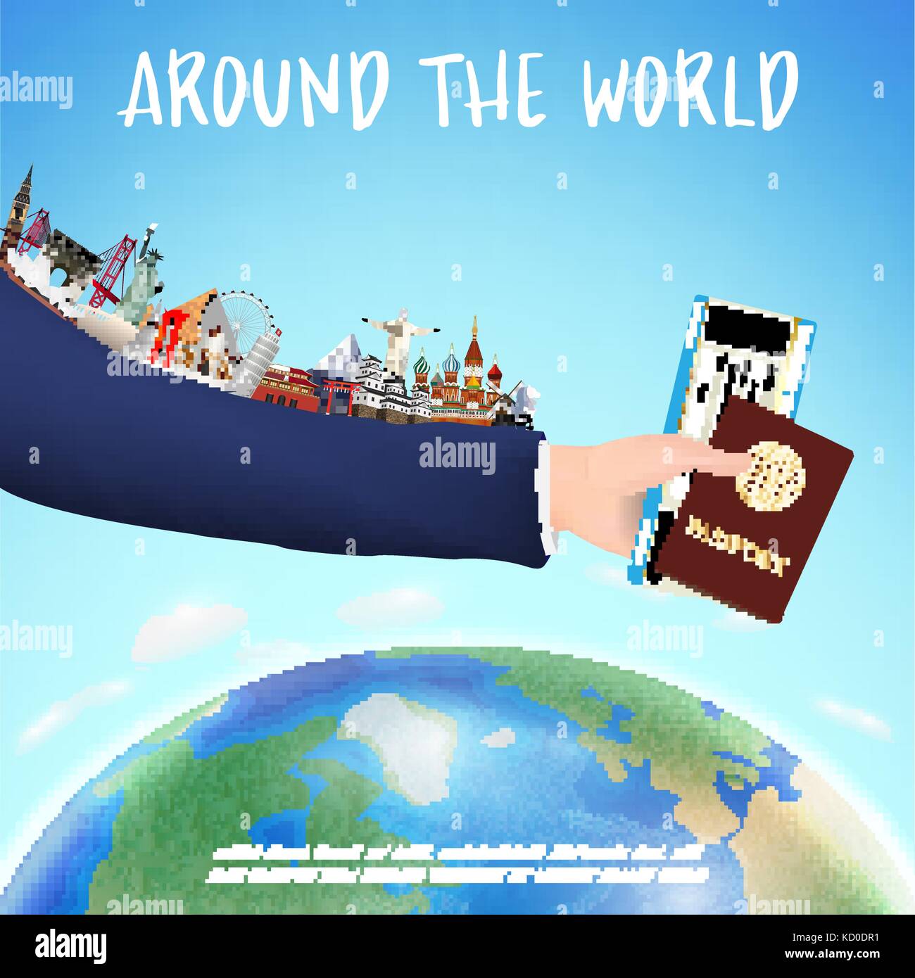 Hand halten Boarding Pass Pass und Welt Wahrzeichen Stock Vektor