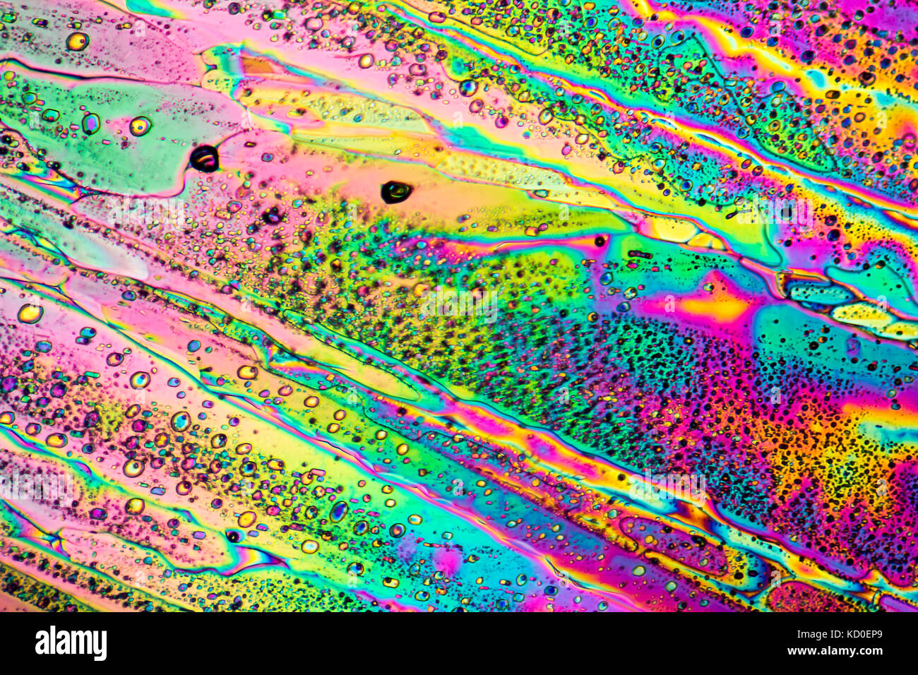 Bunte mikroskopische Aufnahme von Natriumacetat micro Kristalle in polarisiertem Licht Stockfoto