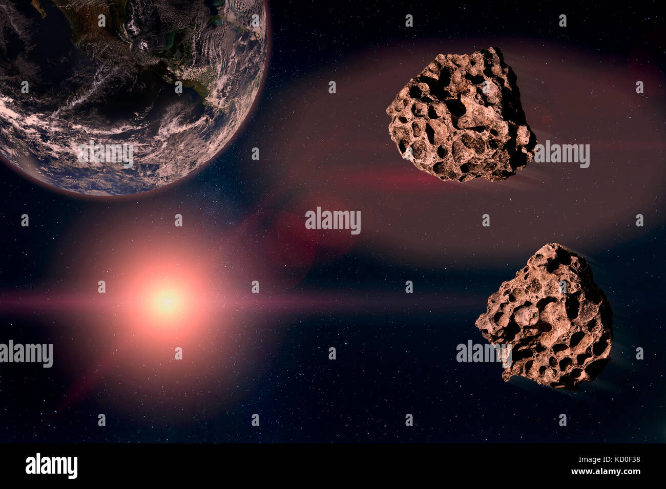 Zwei Meteore in den Sternenhimmel, in Richtung des Planeten Erde, vor einem drohenden Katastrophe. Elemente dieses Bild von der Nasa eingerichtet Stockfoto