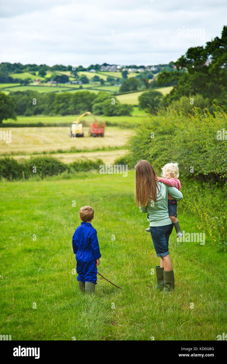 Eine junge Mutter und ihre Kinder beobachten, Silage, wie auf einer West Country Farm.DE Stockfoto