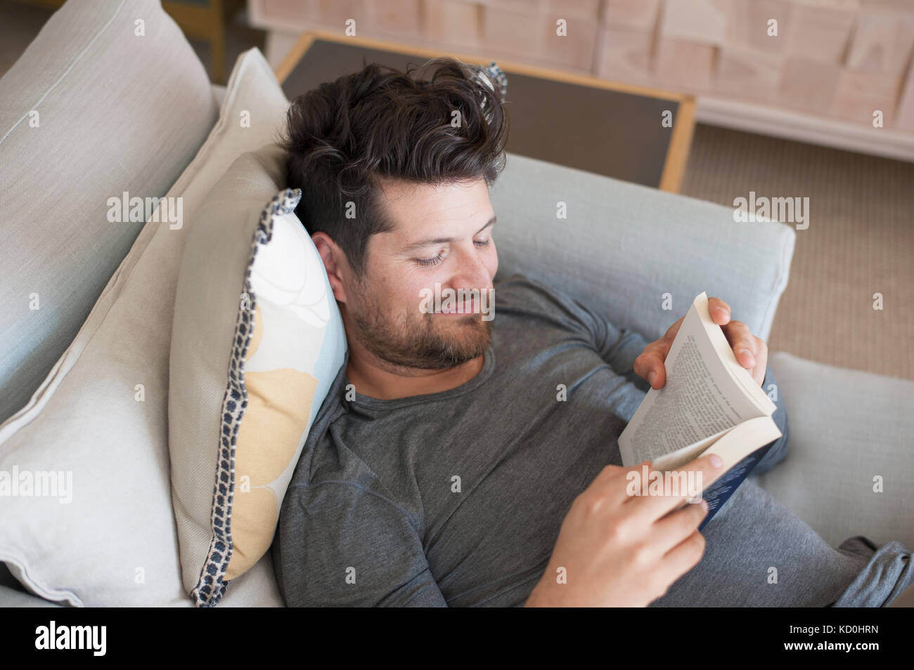 Mitte der erwachsene Mann entspannt auf dem Sofa, Lesen, Buch, Erhöhte Ansicht Stockfoto