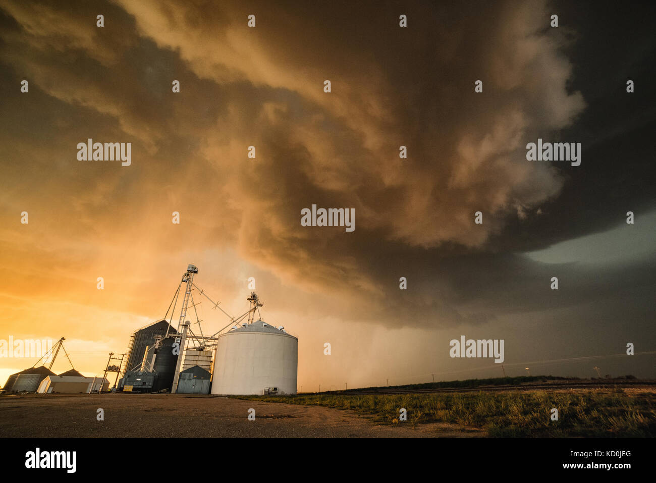 Starker Sturm über der Stadt Socorro mit starkem Wind, Regen und Hagel, getreidesilo im Vordergrund, Socorro, Texas, USA Stockfoto