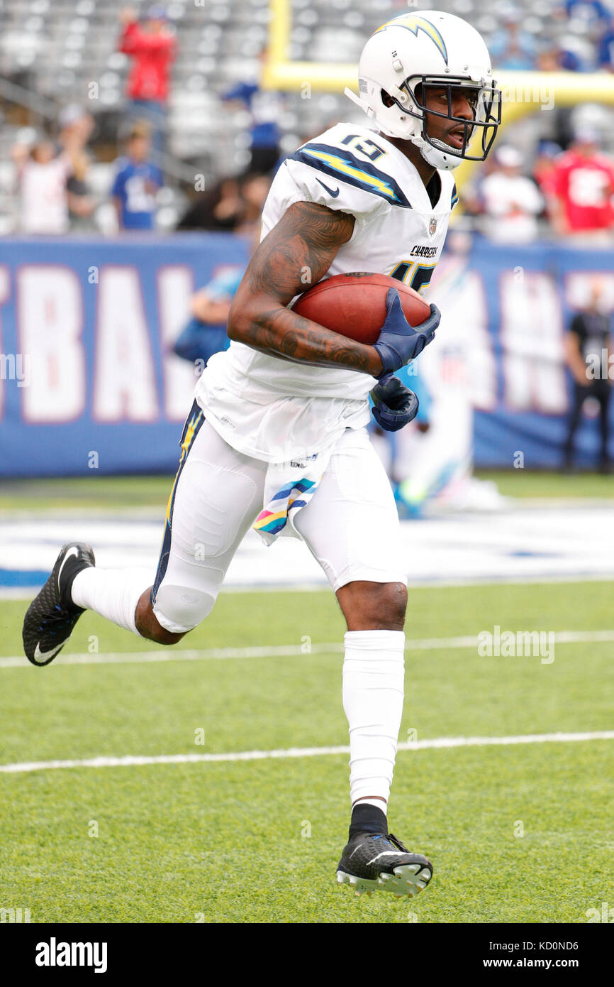 East Rutherford, New Jersey, USA. 8. Oktober, 2017. Los Angeles Ladegeräte wide receiver Dontrelle Inman (15), die in Aktion vor der NFL Spiel zwischen der Los Angeles Ladegeräte und die New York Giants bei MetLife Stadium in East Rutherford, New Jersey. Christopher Szagola/CSM/Alamy leben Nachrichten Stockfoto