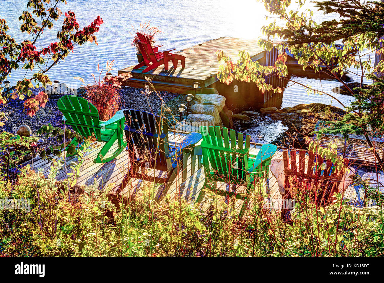 Rasen Stuhl auf Wharf, shad Bay, Nova Scotia, Kanada Stockfoto