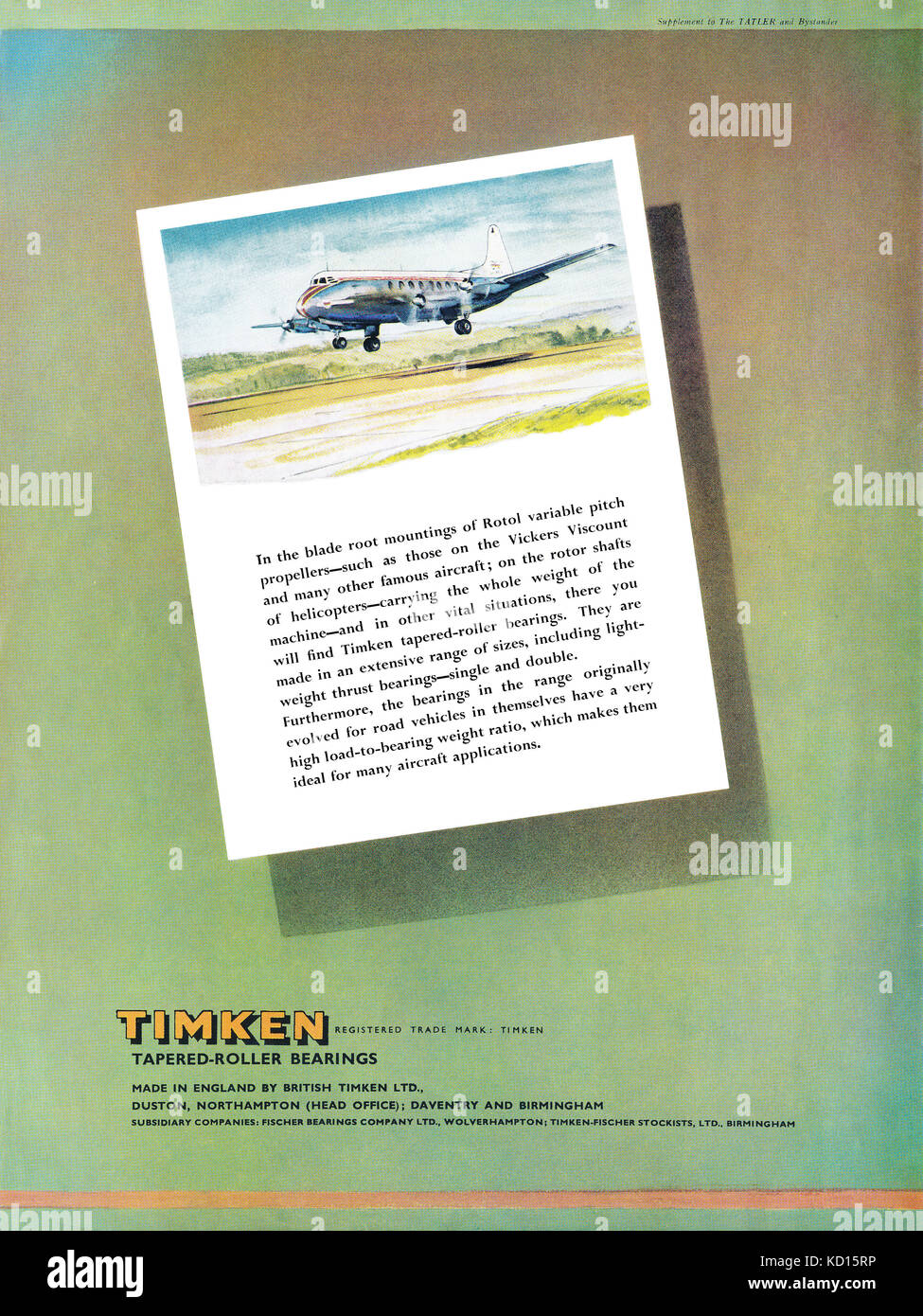 1956 britischen Werbung für Timken Lager Tapered-Roller, in Flugzeugen wie der Vickers Viscount verwendet hier gezeigt. Stockfoto