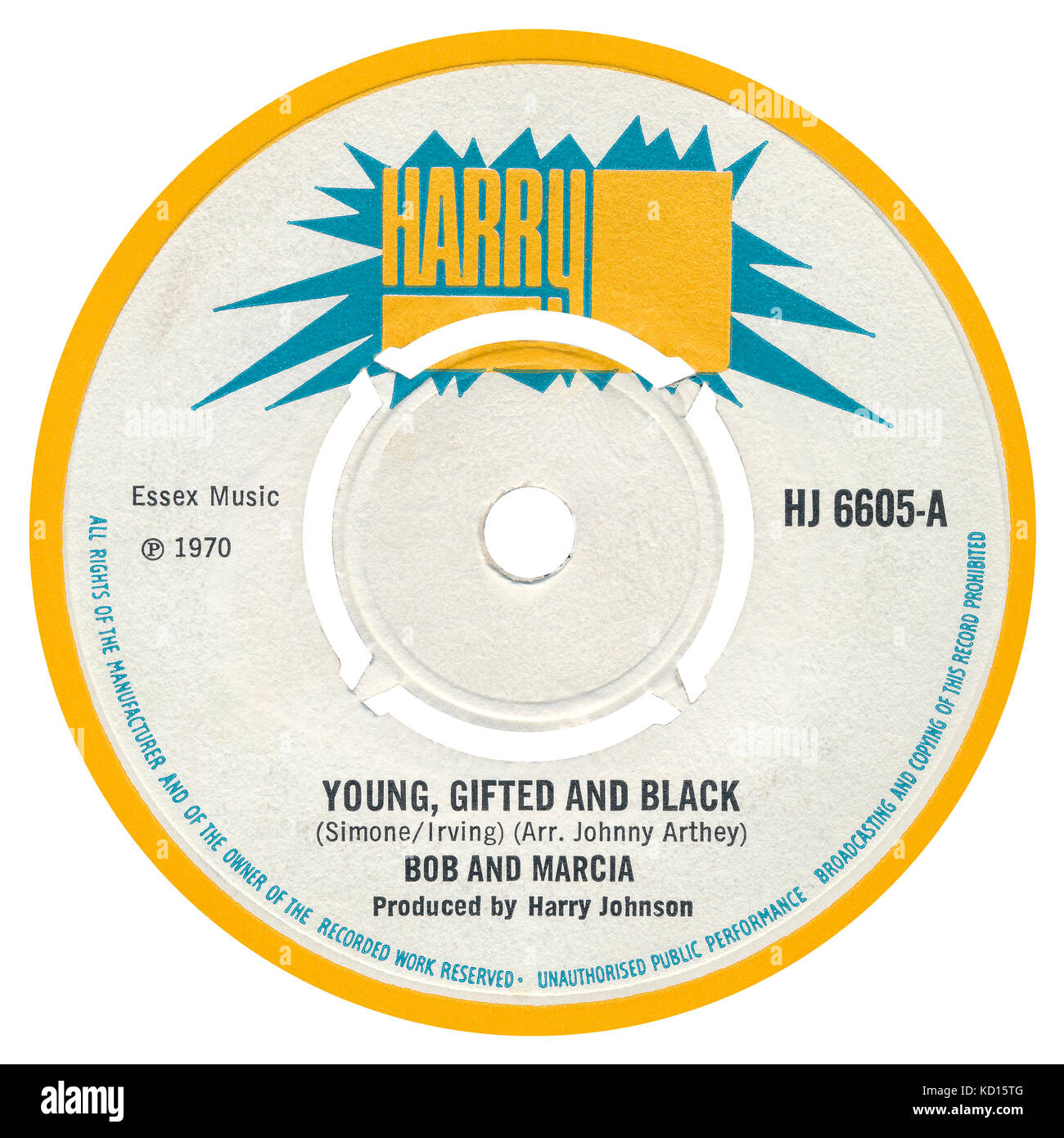 45 U/min 7" das britische Label der Reggae einzelne Junge, begabte und Schwarz von Bob und Marcia (Bob Andy und Marcia Griffiths). Auf der Harry J Label von 1970. Stockfoto