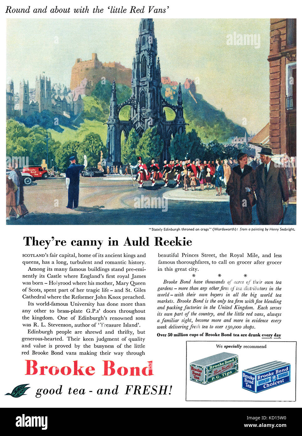 1955 britischen Werbung für Brooke Bond Tee, mit einem Gemälde von das Scott Monument in Edinburgh von Henry Seabright. Stockfoto