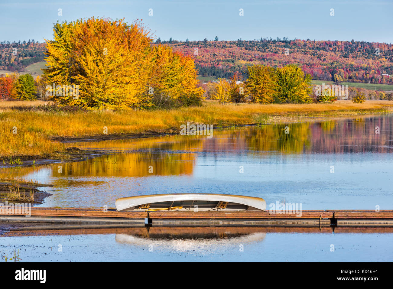 Kanu und Falllaub, Saint John River, Hampstead, New Brunswick, Kanada Stockfoto