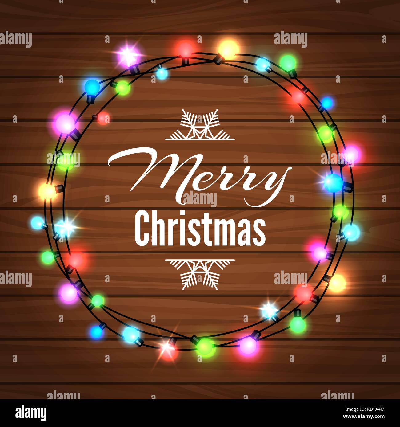 Weihnachten bunte Lichterkette auf dem Holz Hintergrund, Vector Illustration Stock Vektor