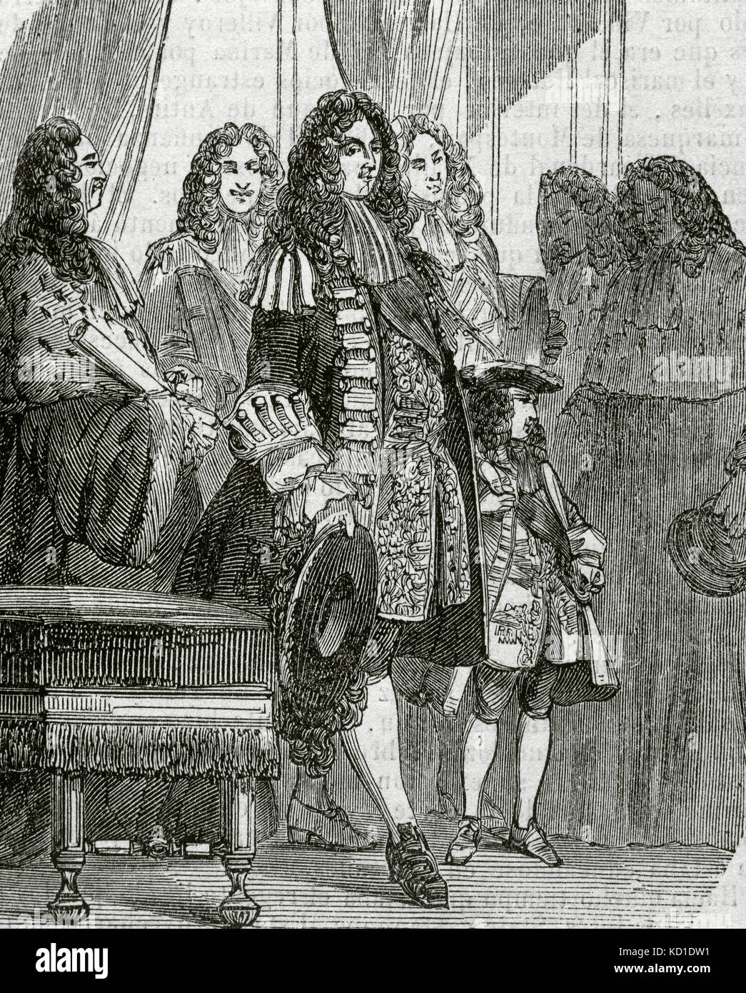 Philippe II., Herzog von Orléans (1674-1723). Mitglied der königlichen Familie von Frankreich. Er diente als Regent des Reiches von 1715-1723, während die Minderheit der König Louis XV (1710-1774). Der Regent mit Louis XV Kind im Parlament. Gravur. Stockfoto