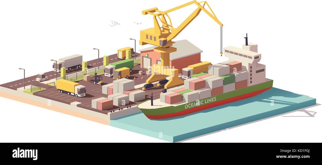 Vektor Low-poly-port Container Terminal und Schiff Stock Vektor