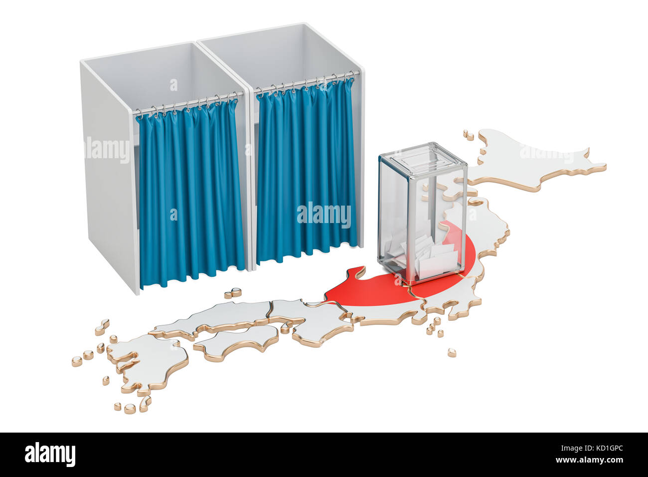 Japanische Wahl Konzept, Wahlurnen und Wahlkabinen auf der Karte von Japan, 3D-Rendering Stockfoto