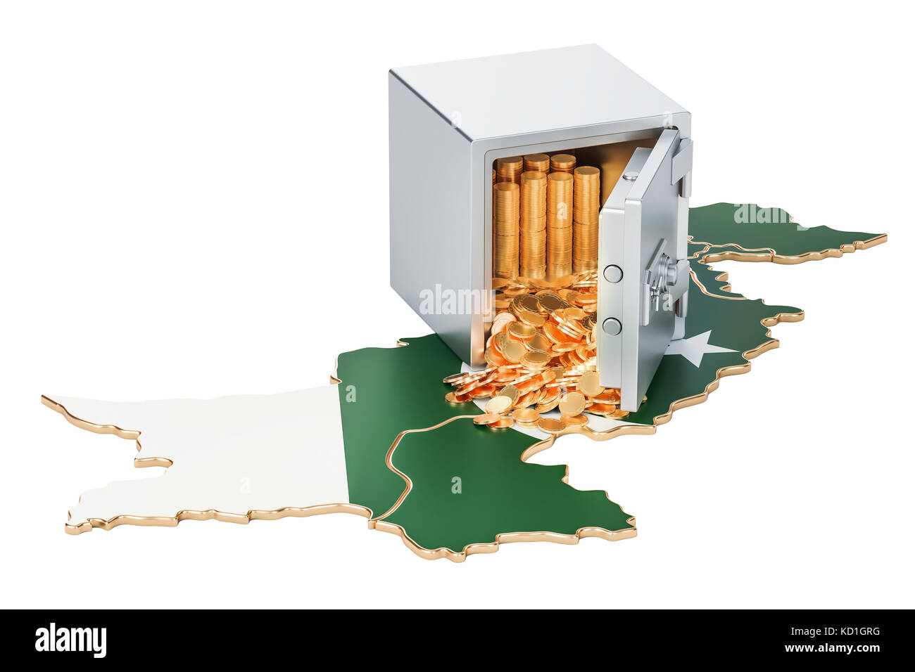 Safe mit goldenen Münzen auf der Karte von Pakistan, 3D-Rendering auf weißem Hintergrund Stockfoto