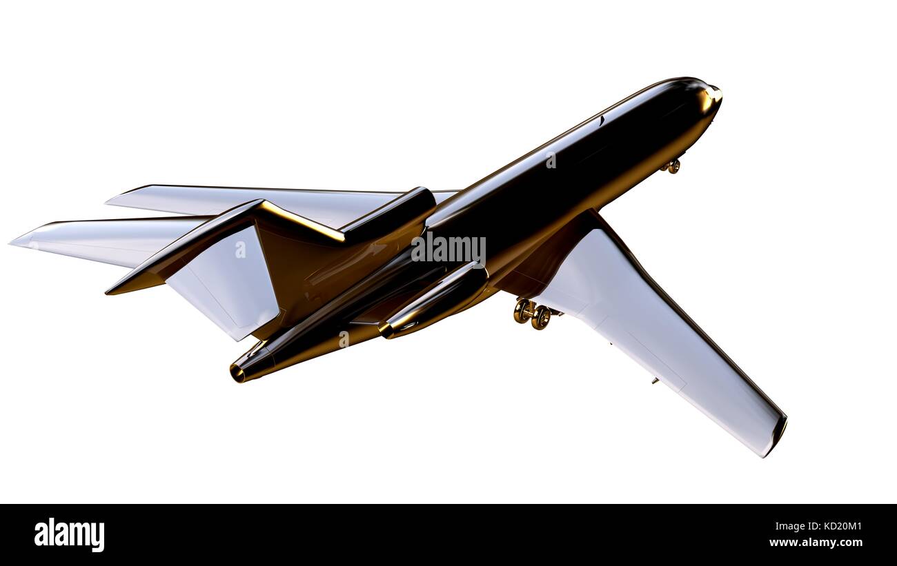 3D-Rendering von einem goldenen Flugzeug auf einem weissem Hintergrund Stockfoto