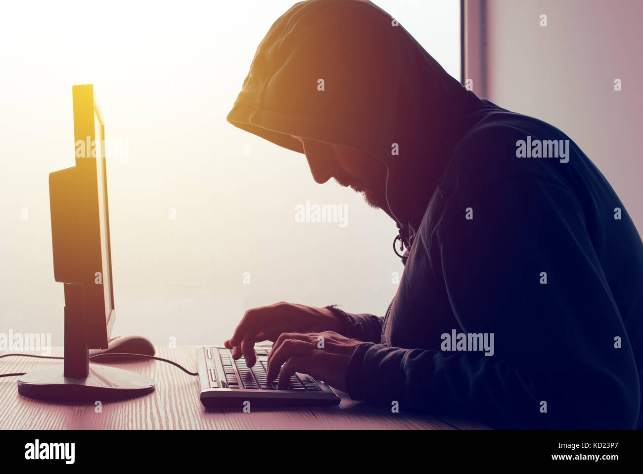 Hooded Computerhacker Network Hacking. Männchen mit schwarzen mittels Computer für Identitätsdiebstahl oder andere kriminelle Online-aktivitäten Hoodie. Stockfoto