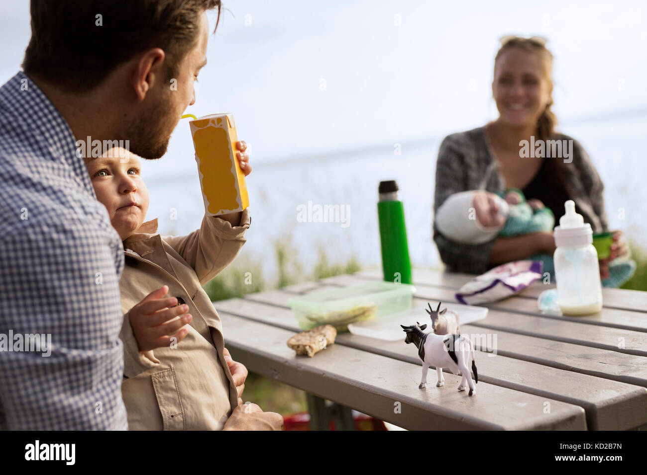 Vater mit Sohn (18-23 Monate) durch Picknick Tisch Stockfoto