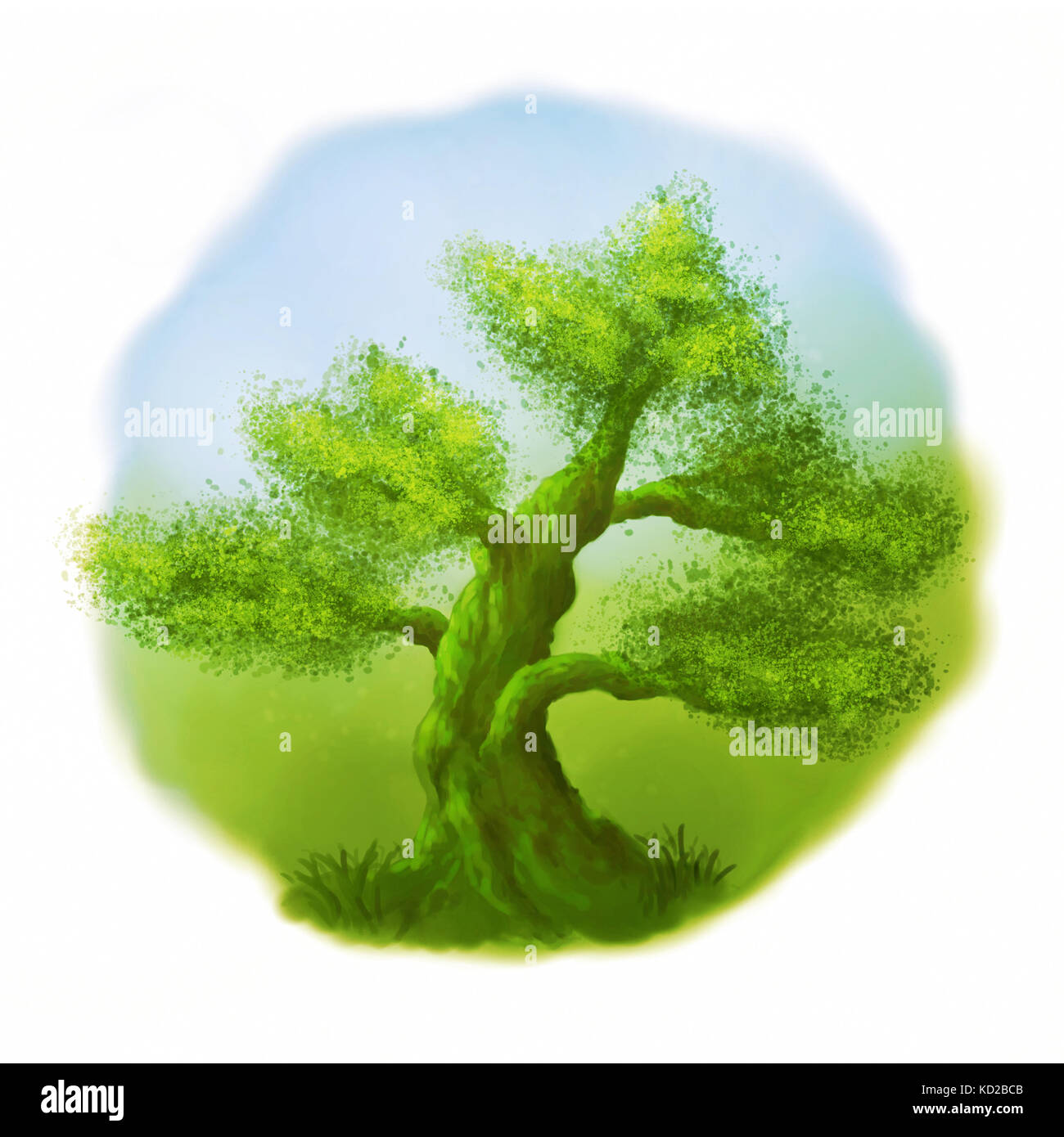 Gerne grünen Baum im warmen Sonnenlicht (stilisierte Hand bemalte runde Landschaft auf weißem Hintergrund) Stockfoto