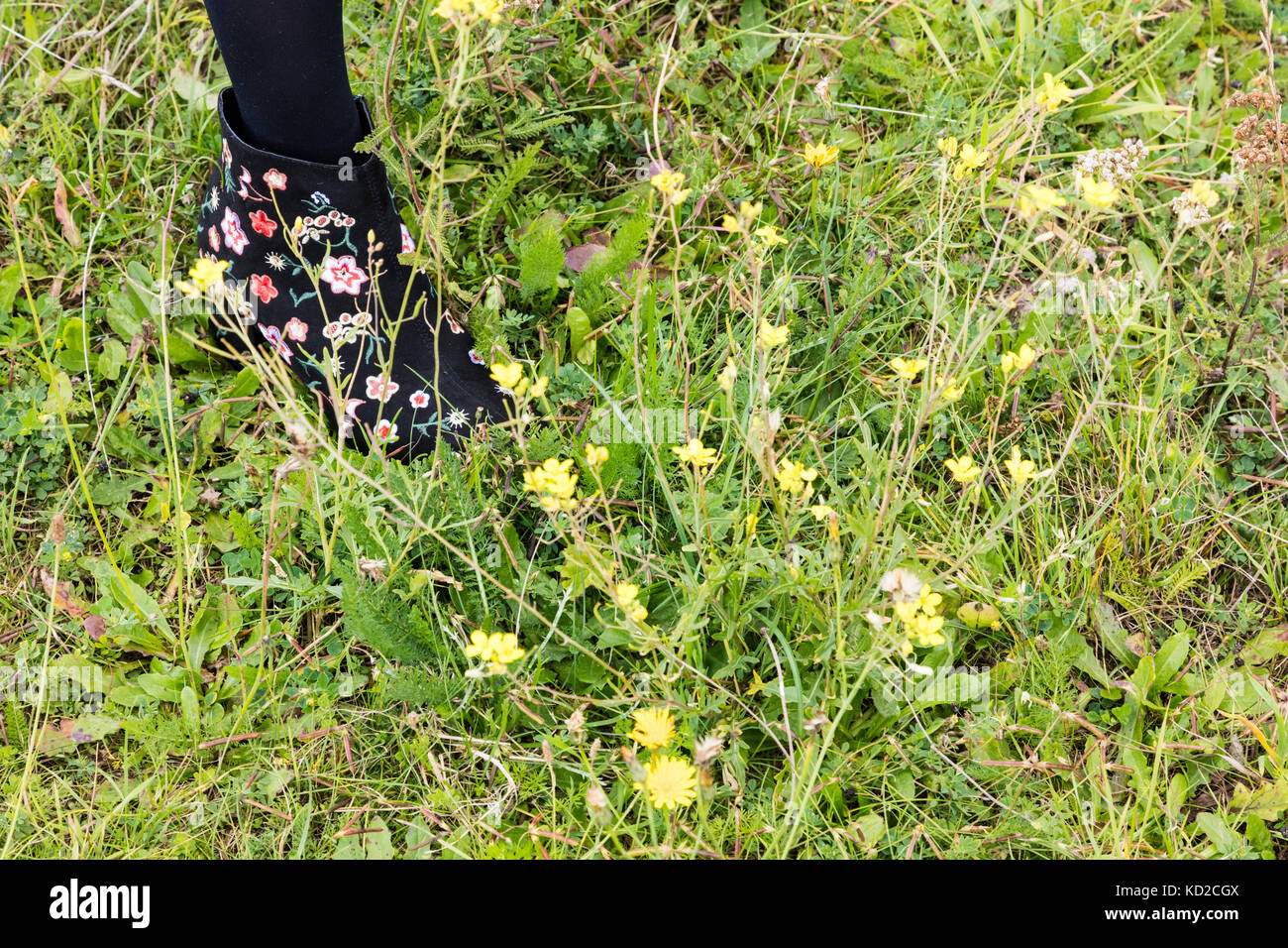 Einer Frau mit Blumen bestickt Stiefel unter wilden Blumen auf den Dünen am Great Yarmouth, Suffolk, Großbritannien Stockfoto