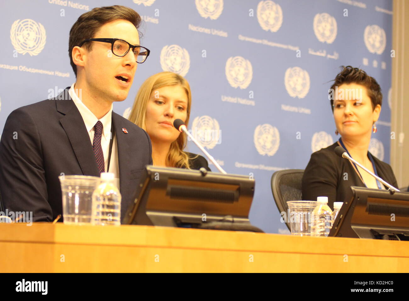 Uno, New York, USA. 9. Okt. 2017. Friedensnobelpreisträger internationale Kampagne zur Abschaffung von Atomwaffen (ICAN) Führer drücken Sie auf un-informierte, auf Nordkorea, Iran, usa. Credit: Matthew Russell Lee/alamy leben Nachrichten Stockfoto