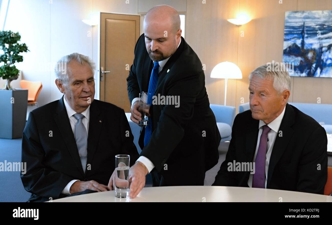 Strasburk, Frankreich. Oktober 2017. Der tschechische Präsident Milos Zeman (links) trifft den Präsidenten der Parlamentarischen Versammlung der CE, Thornbjorn Jagland, in Straßburg, Frankreich, am 10. Oktober 2017. Quelle: Jakub Dospiva/CTK Photo/Alamy Live News Stockfoto