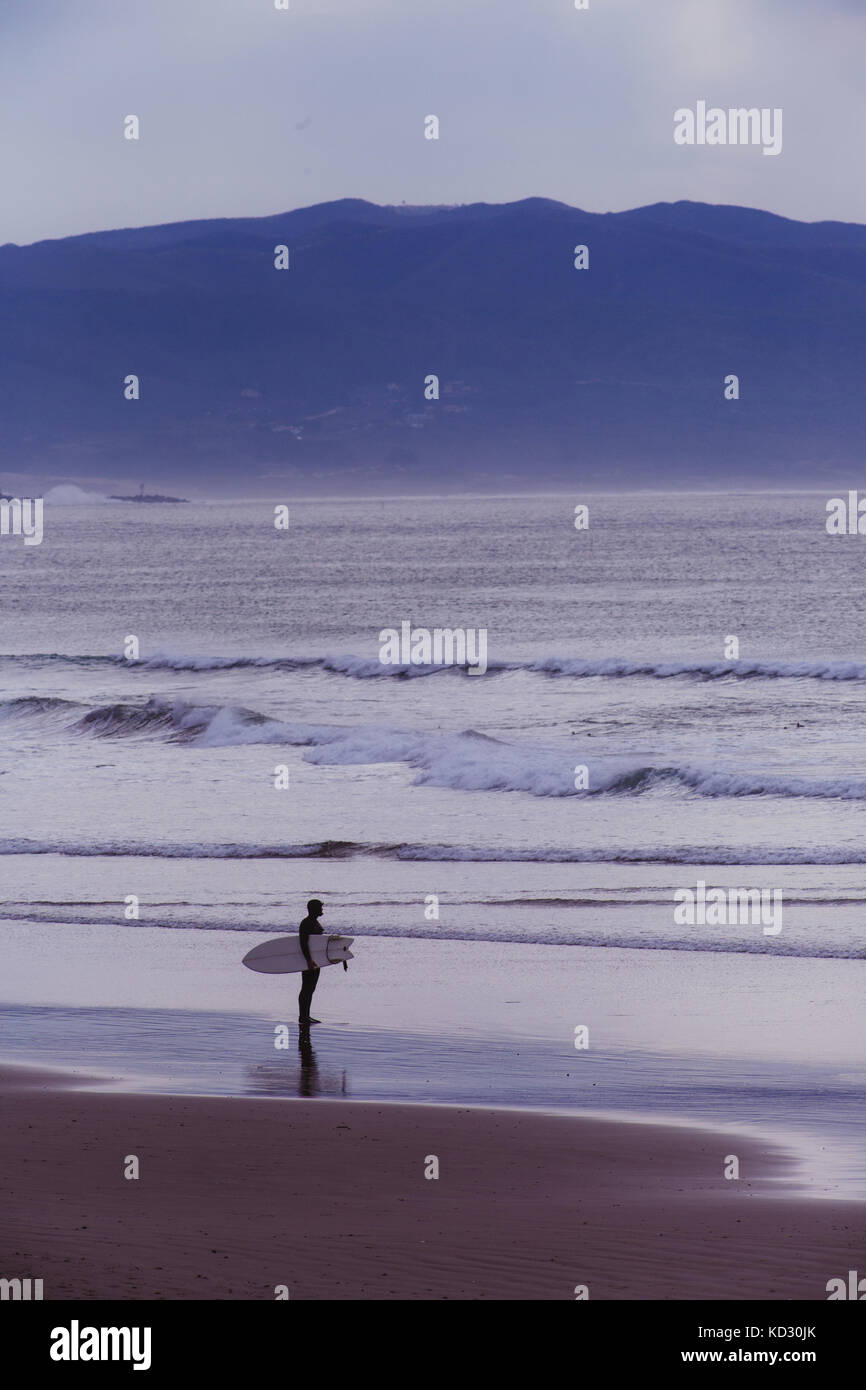 Junge männliche Surfer mit Blick auf Meer, Morro Bay, Kalifornien, USA Stockfoto