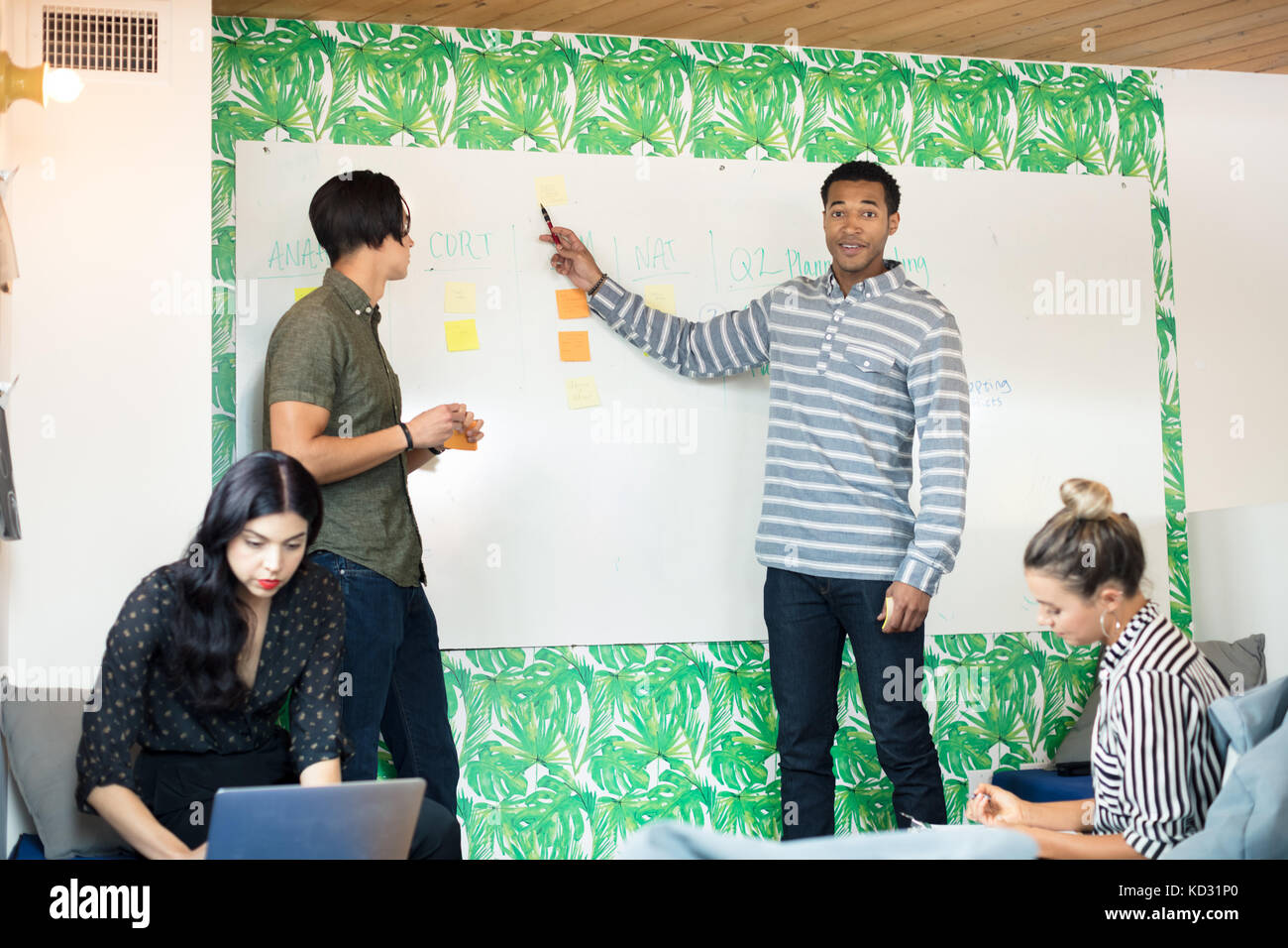 Junge Unternehmer am Whiteboard im kreativen Tagungsraum zeigen Stockfoto